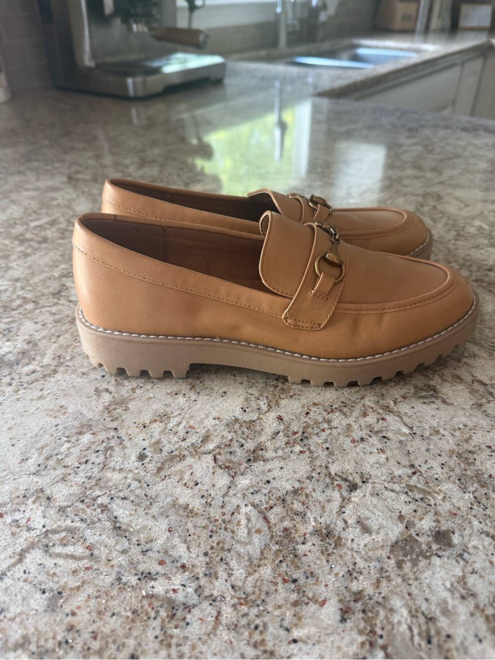 A new day target brand women’s Tan Leather Slip-On Loafers with Gold Horsebit - Picture 2 of 5